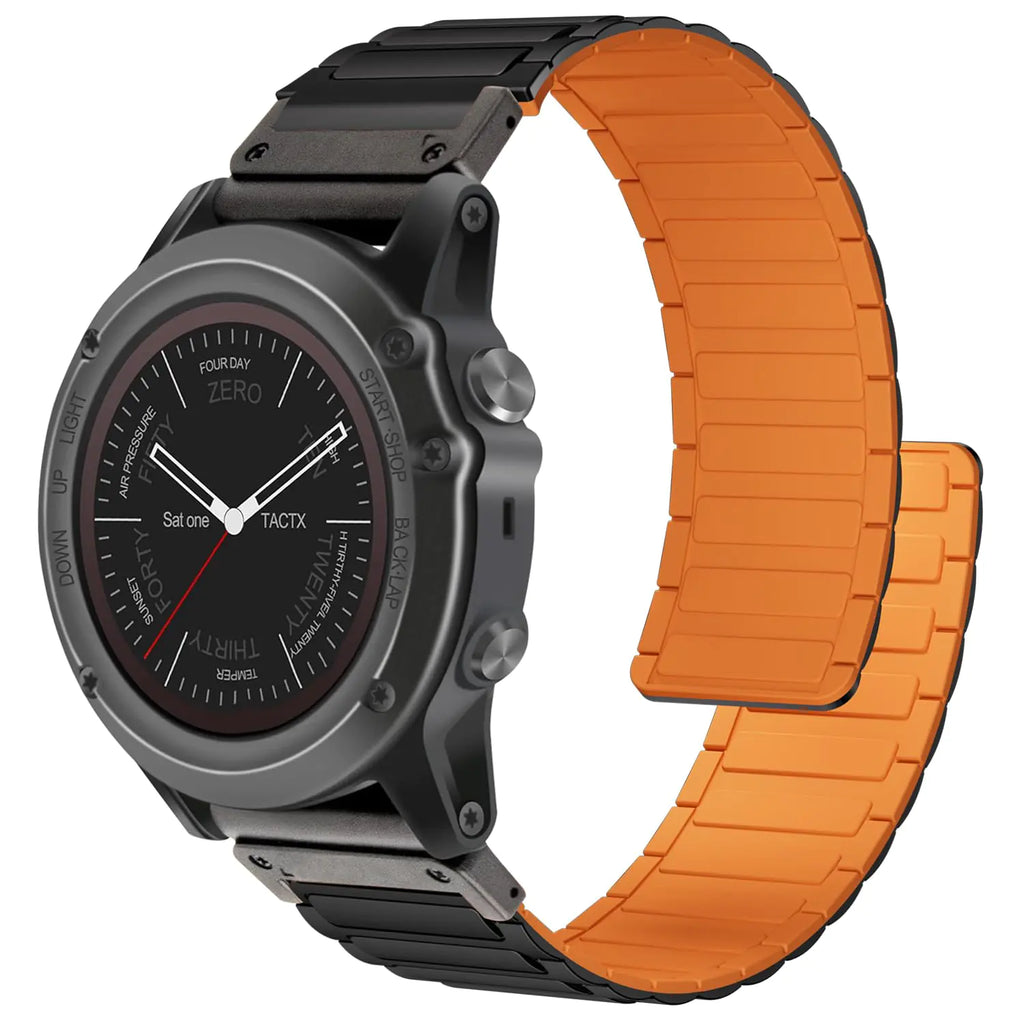 Magnetic watchband Compatible with Garmin Watch Band Silicone Replacement Wristband Strong Magnet link for fēnix/Forerunner/Vivoactive/Approach Tough Accessories (20MM Black Orange)