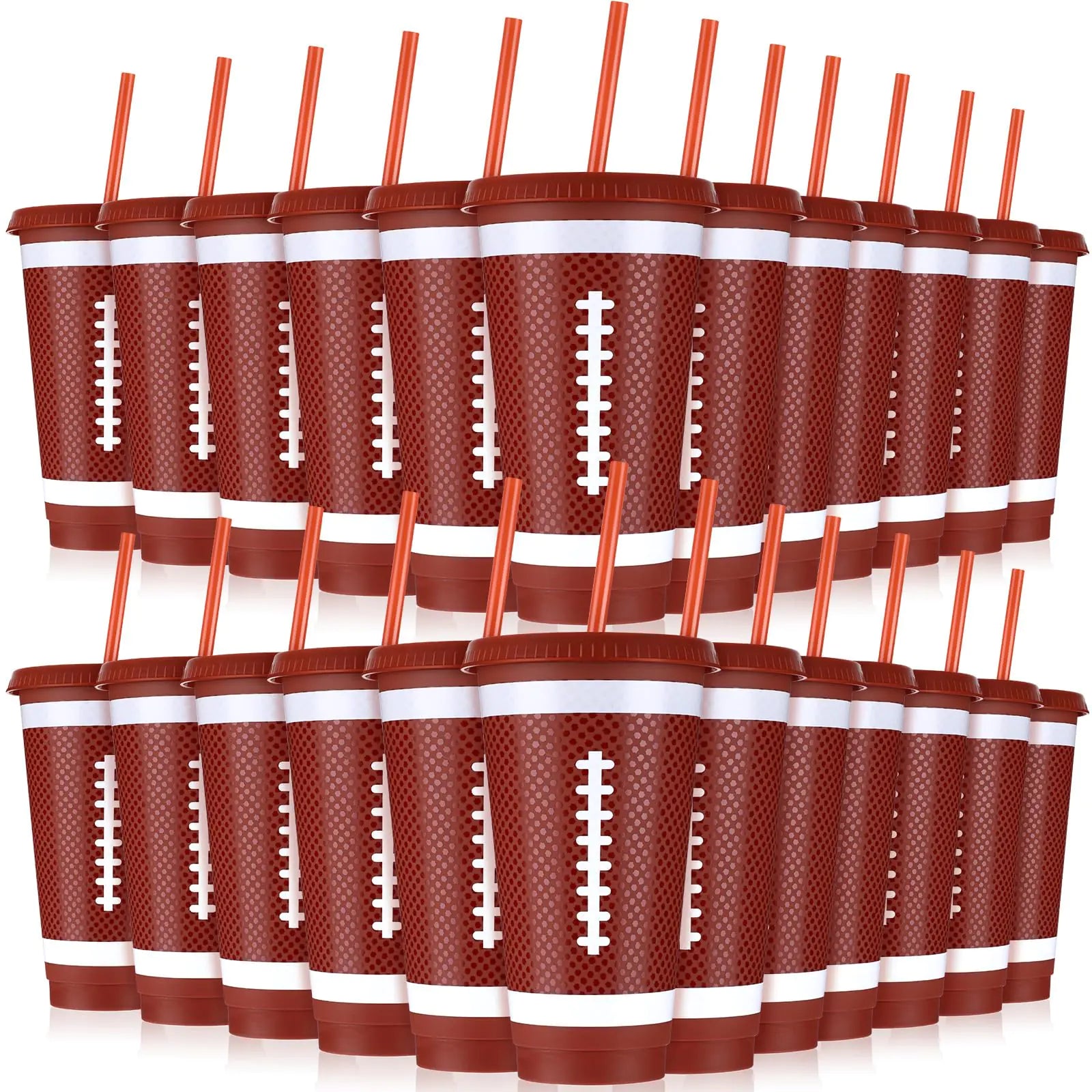 Bokon 12 Pcs Plastic Football Cups with Straw and Lid Football Party Supplies 24 oz Disposable Football Cups Reusable Football Drinking Cup for Sports Events Birthday Football Party Decorations