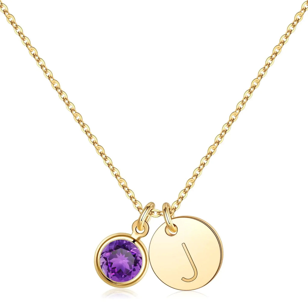 Hidepoo Initial Birthstone Necklace for Women 14K Gold Plated Disc Initial J Necklace Amethyst Birthstone Disc Initial Pendant Necklace February Birthstone Jewelry Necklaces for Women