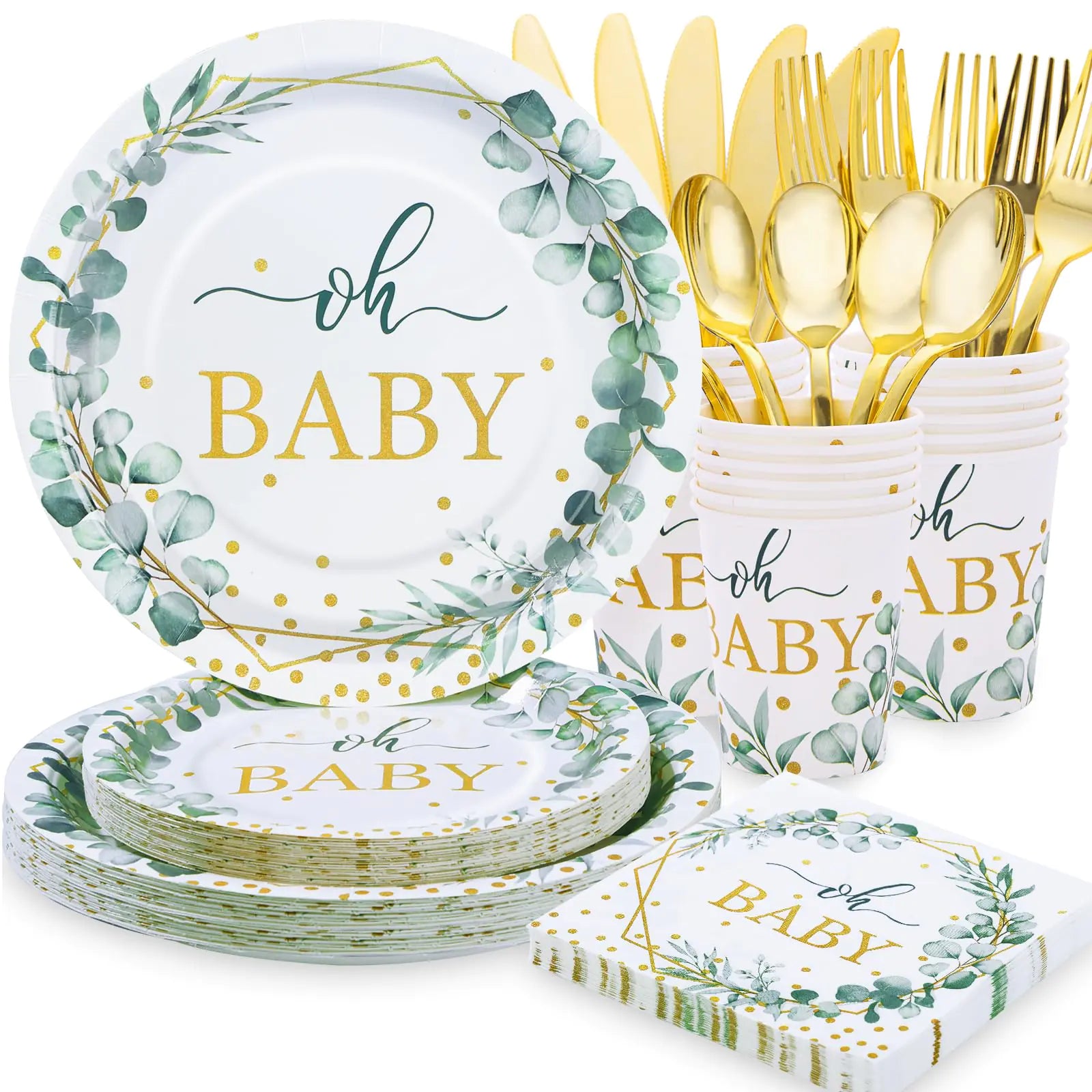Gudvilla 168 PCS Sage Green Baby Shower Decorations Baby Shower Plates and Cups and Napkins Sets Serves 24 Oh Baby Plates with Gold Dots for Boho Baby Girl Boy Neutral Baby Shower Decorations