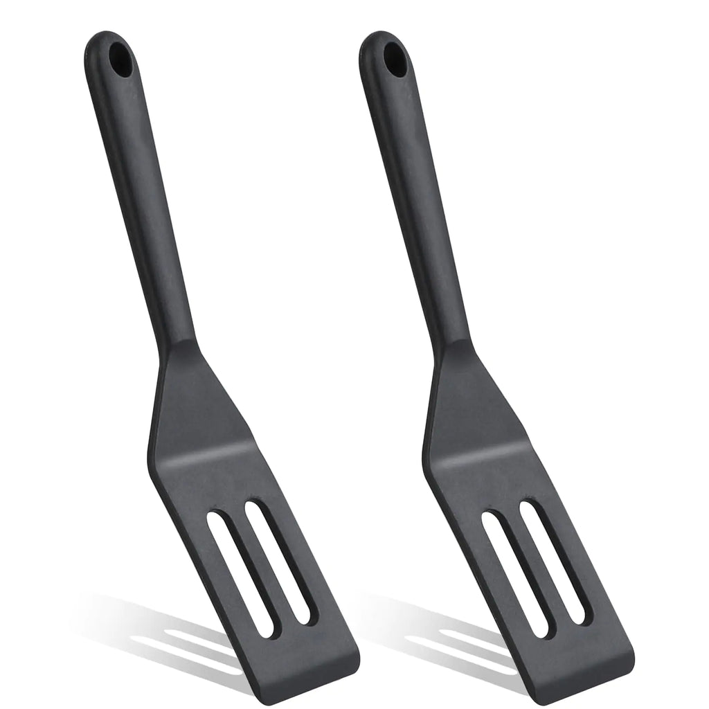 2 Pack Thin Egg Spatula Flipper 9.8 Inch Black Small Omelette Spatula Turner Silicone Heat Resistant Non Stick Cooking Spatula Long Crepe Pancake Spatula for Cooking Omelet Burgers Pizza Steak Crepes