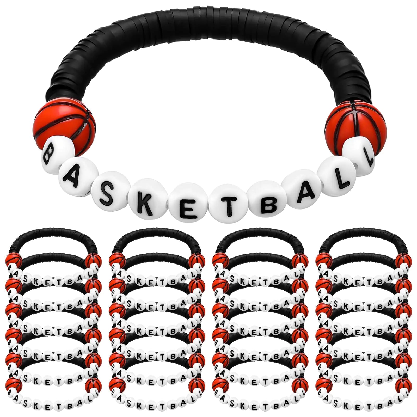 Trnayi 24 Pcs Basketball Bracelets Basketball Party Favors Charm Basketball Bracelet Stackable Clay Beaded Bracelets for Basketball Gifts Teens Team Basketball Party Decoration(Black)