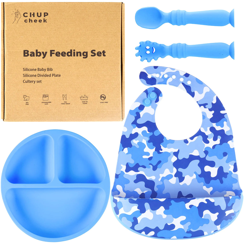 CHUPcheek Silicone Baby Feeding Set Suction Plates for Baby Adjustable Baby Bibs Soft Spoon & Spork Suitable for Toddlers & Kids
