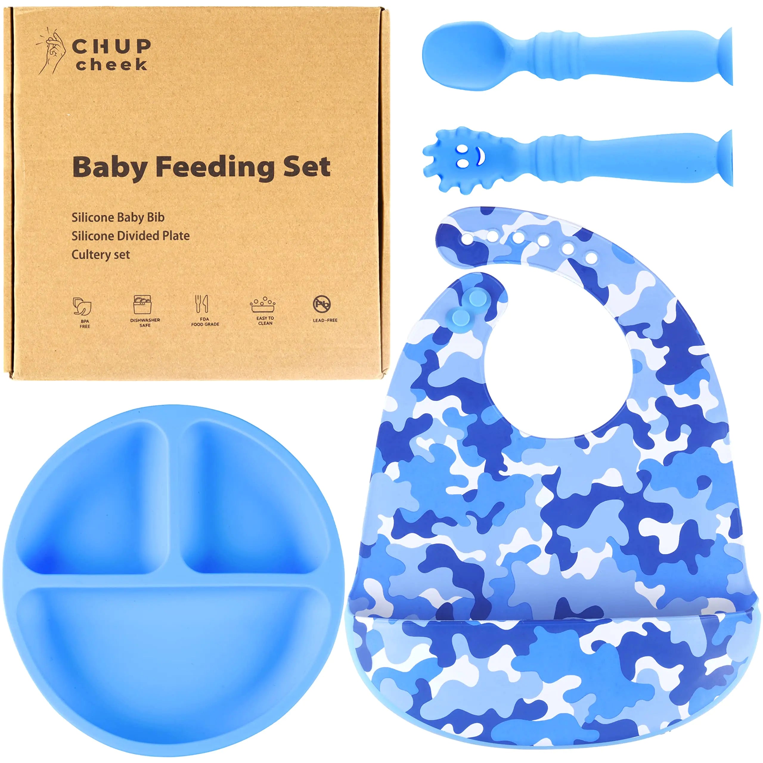 CHUPcheek Silicone Baby Feeding Set Suction Plates for Baby Adjustable Baby Bibs Soft Spoon & Spork Suitable for Toddlers & Kids