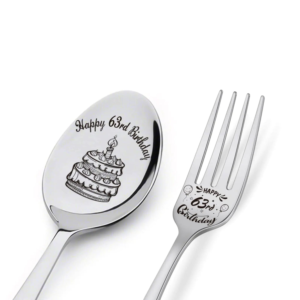 Happy 63rd Birthday Spoon&Fork Gifts Engraved Spoon&Fork Personalized Birthday Gifts for Father Mother Grandpa Grandma Family Elders Friends