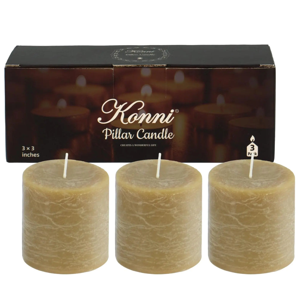 KONNI Wax Yellow Pillar Candles Set of 3 3"x 3" Unscented Pillar Candles Bulk 30 Hours Long Burning Candles Smokeless&Dripless Large Round Candle for Wedding Home Decoration Parties Spas Dinner