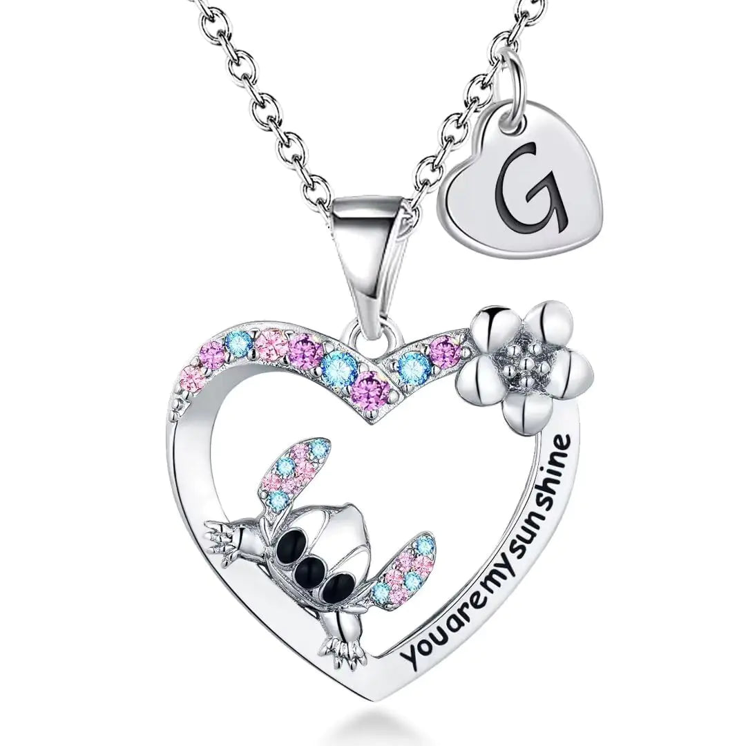 QUEENMOMENT Stitch Gifts for Teen Girls - Stitch Necklace for Young Little Daughter Granddaughter Niece You are My Sunshine Heart Initial Necklace Birthday Christmas Gifts Silver G