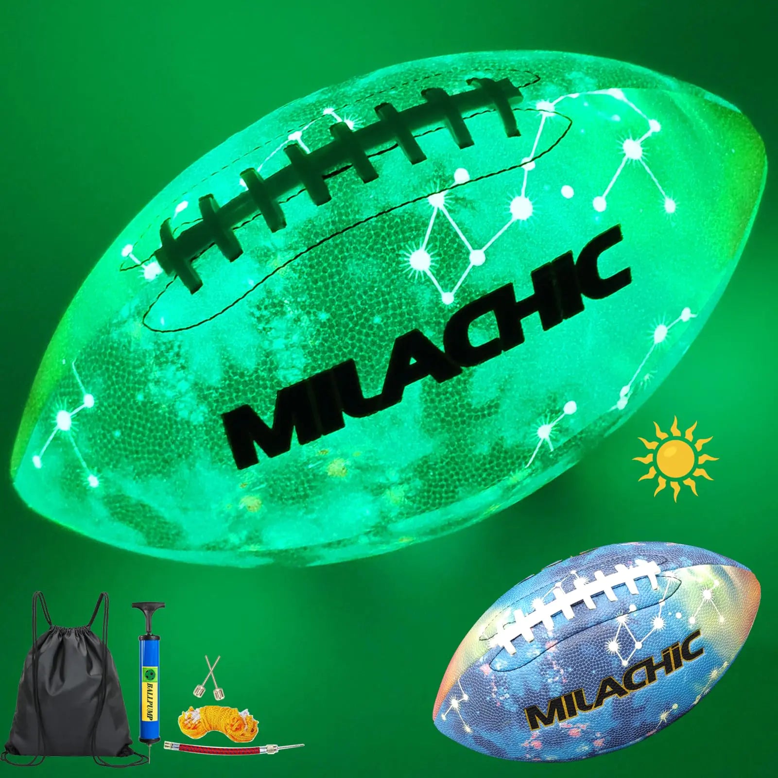 MILACHIC Football Glow in The Dark Football (Size 9) - Luminous Glowing Leather Football with Pump for Football Lovers
