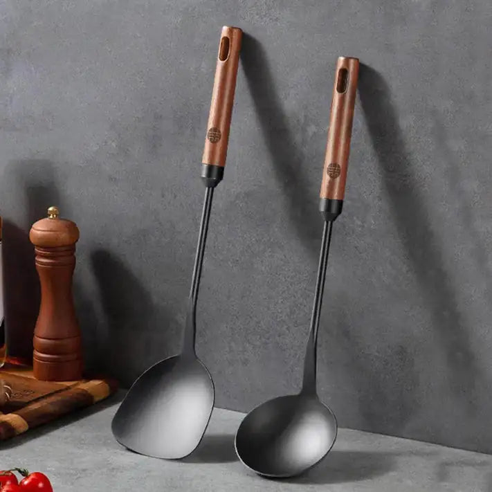 WANGYUANJI IRON SPOON SOUP AND COOKING SPATULA SET, TRADITIONAL CHINESE WOK SPATULA AND LONG WOODEN HANDLE SPOON