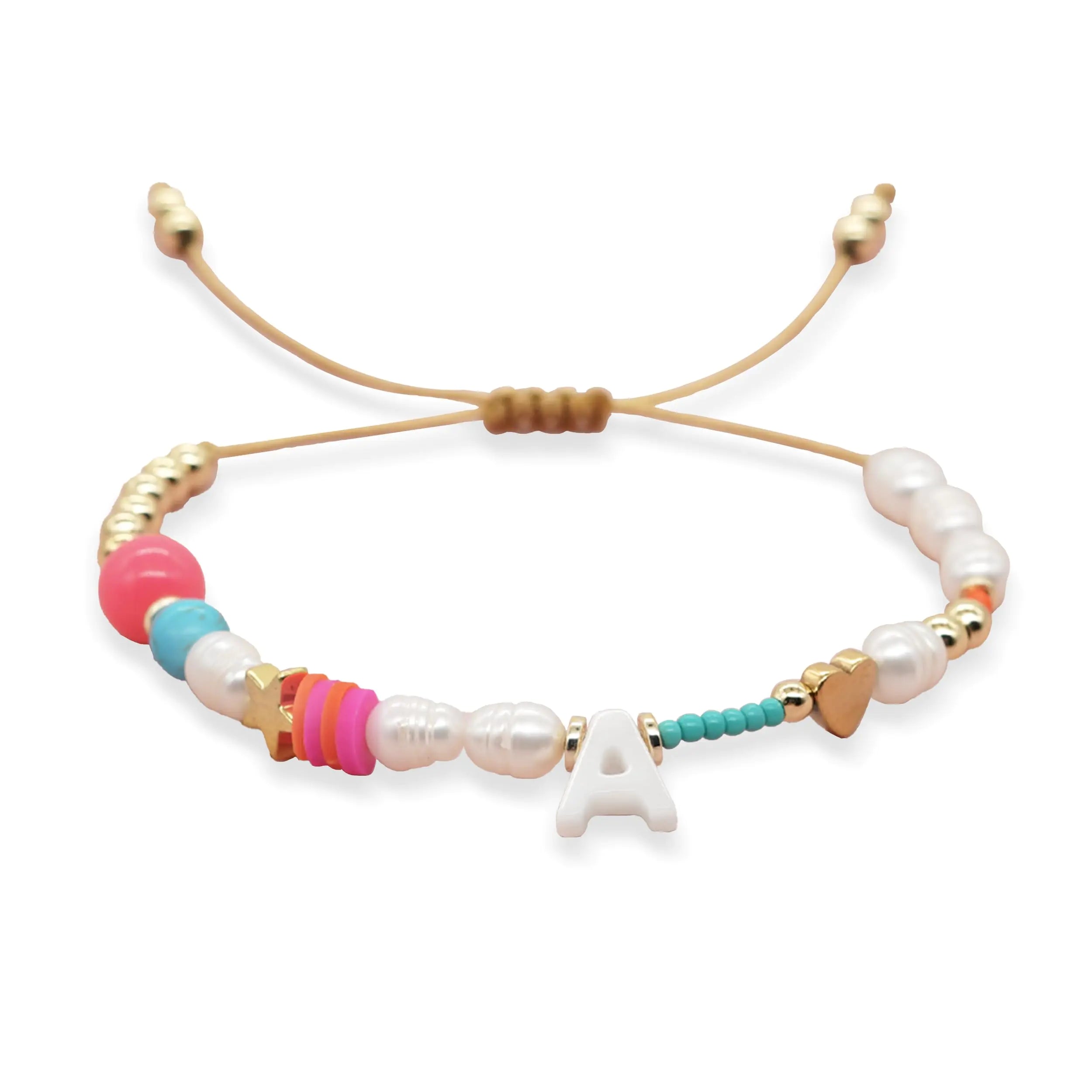 Agriajun Initial A Pearl Beaded Adjustable Bracelets for Women Cute Handmade Gold Pink Red Clay Beads Friendship Heart Name Letter Bracelet Holiday Beach Jewelry Friend Gift