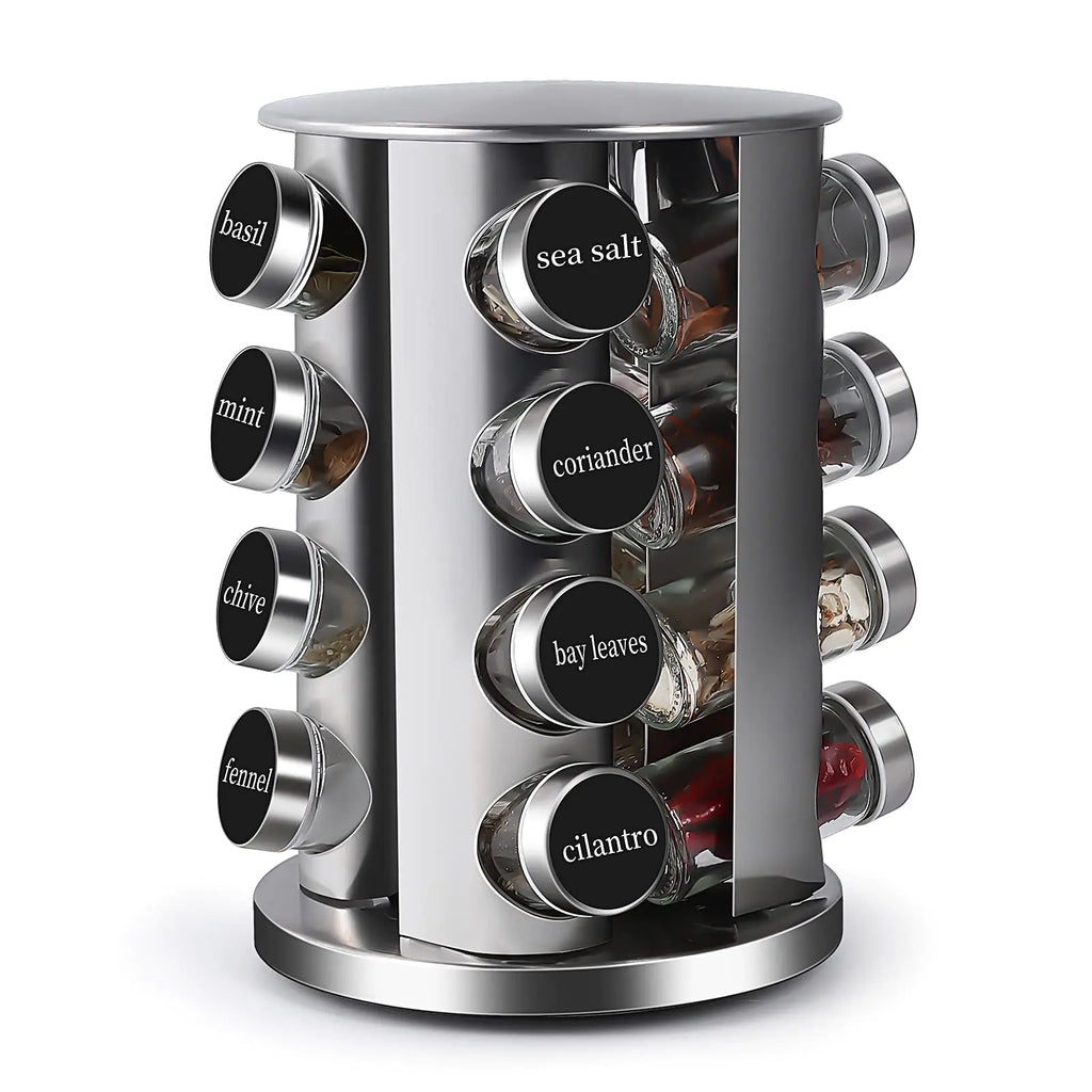 DOUBLE 2 C Revolving Countertop Spice Rack Stainless Steel Seasoning Storage OrganizationSpice Carousel Tower for Kitchen Set of 16 Jars (16Jars)