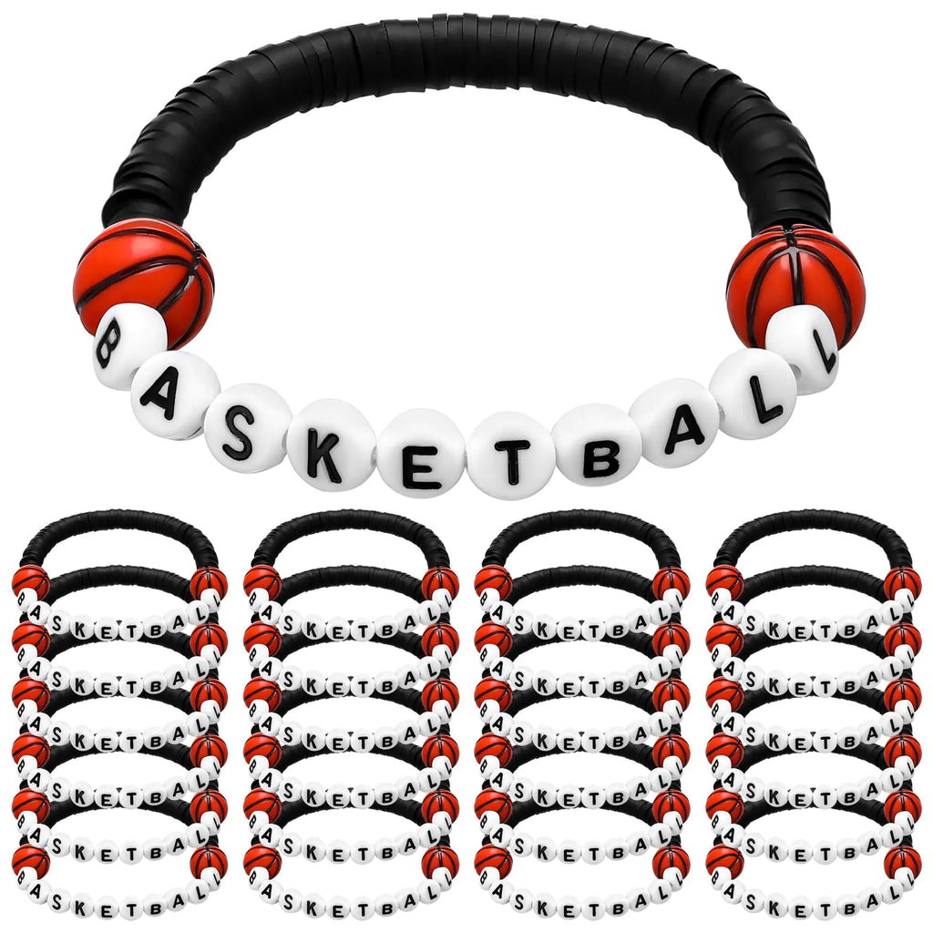 Trnayi 24 Pcs Basketball Bracelets Basketball Party Favors Charm Basketball Bracelet Stackable Clay Beaded Bracelets for Basketball Gifts Teens Team Basketball Party Decoration(Black)