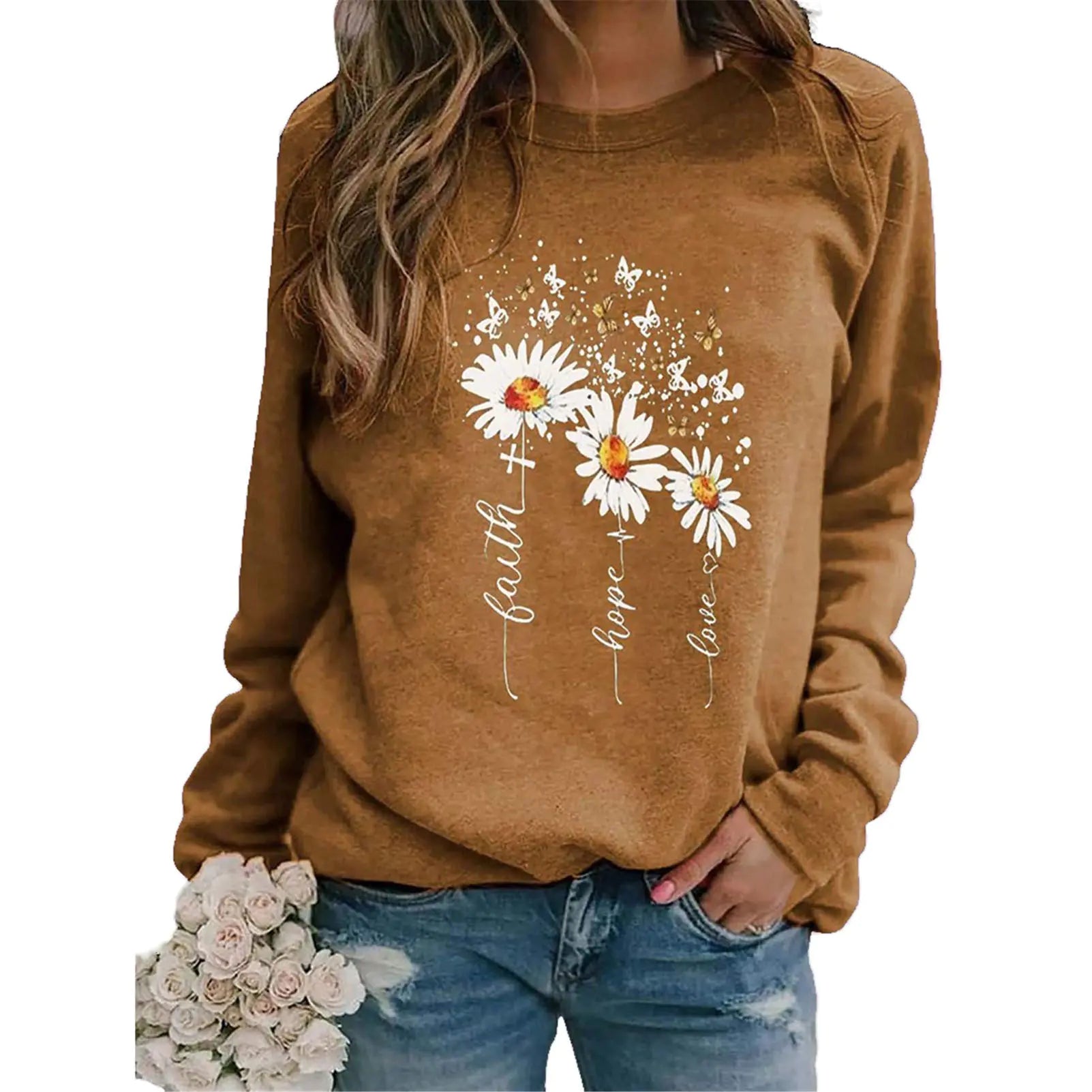 Womens Christian Faith Sweatshirt Funny Daisy Graphic Print Casual Long Sleeve Pullover Shirt Tops Blouse Khaki