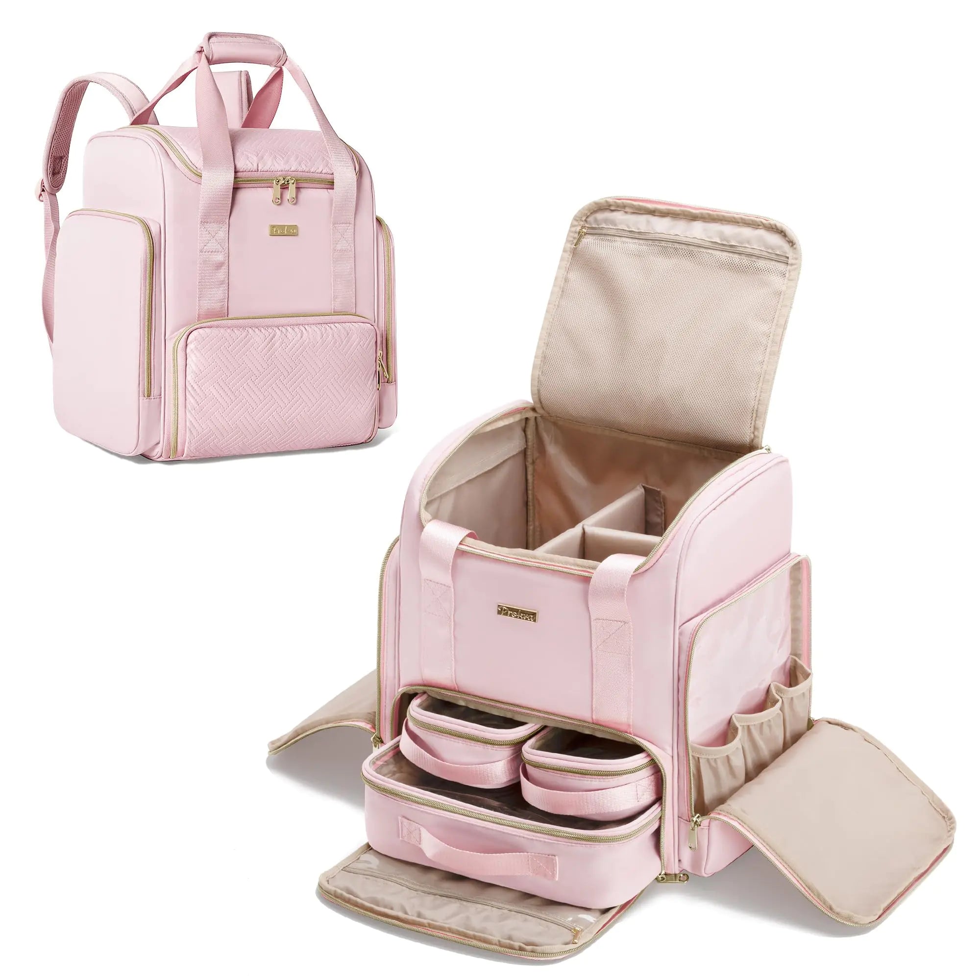 Prokva Large Makeup Backpack with 3 Clear Makeup Bags Double Layers Professional Makeup Travel Case with Brushes Storage Section for Makeup Artists Pink (Patent Design)